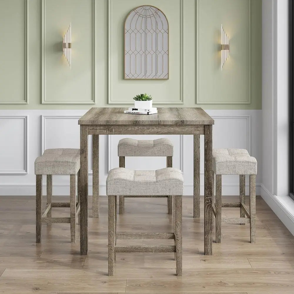 Modern Counter Height Dining Table Set With Four Upholstered Stools