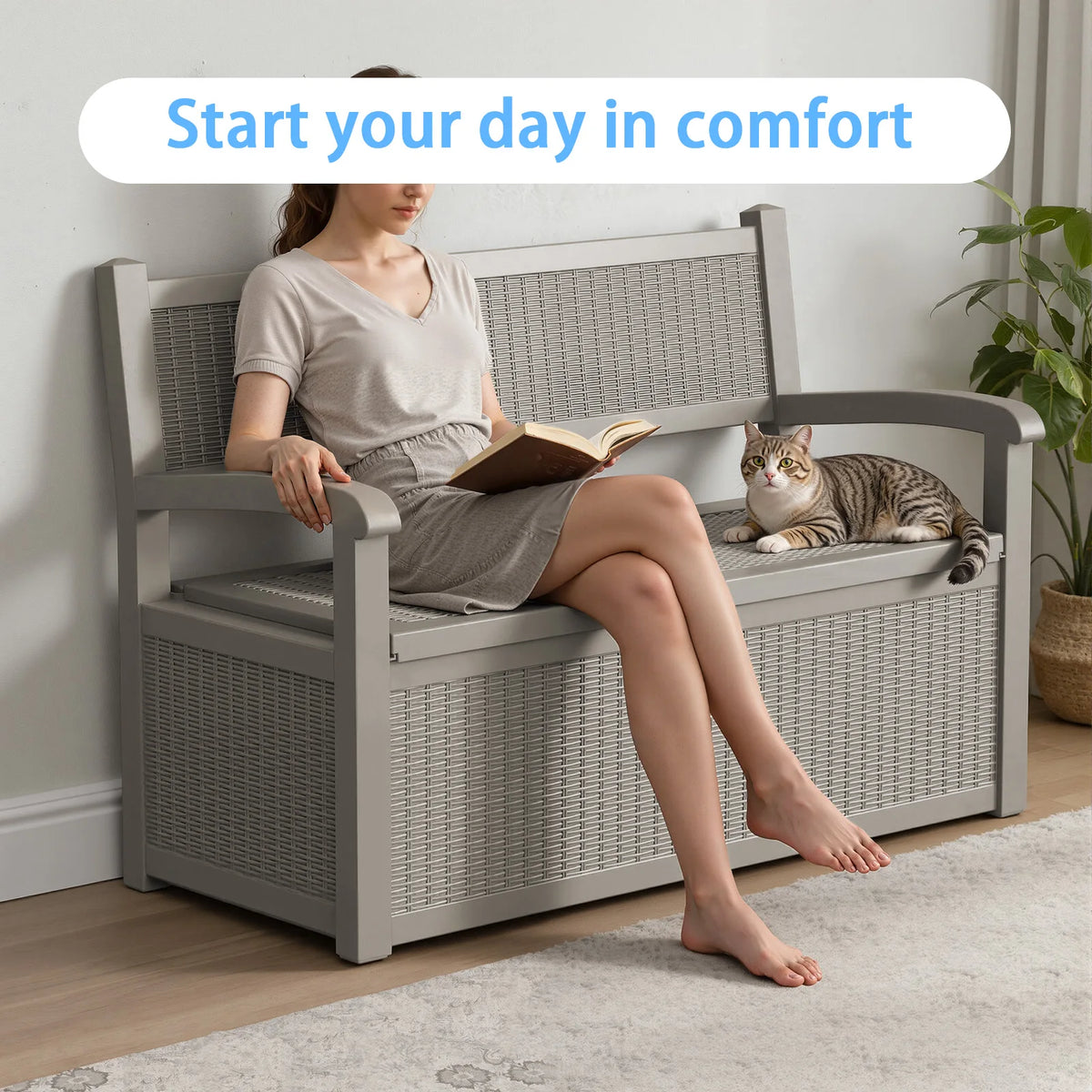 Outdoor Rattan Look Storage Bench with Weatherproof Resin Patio Design