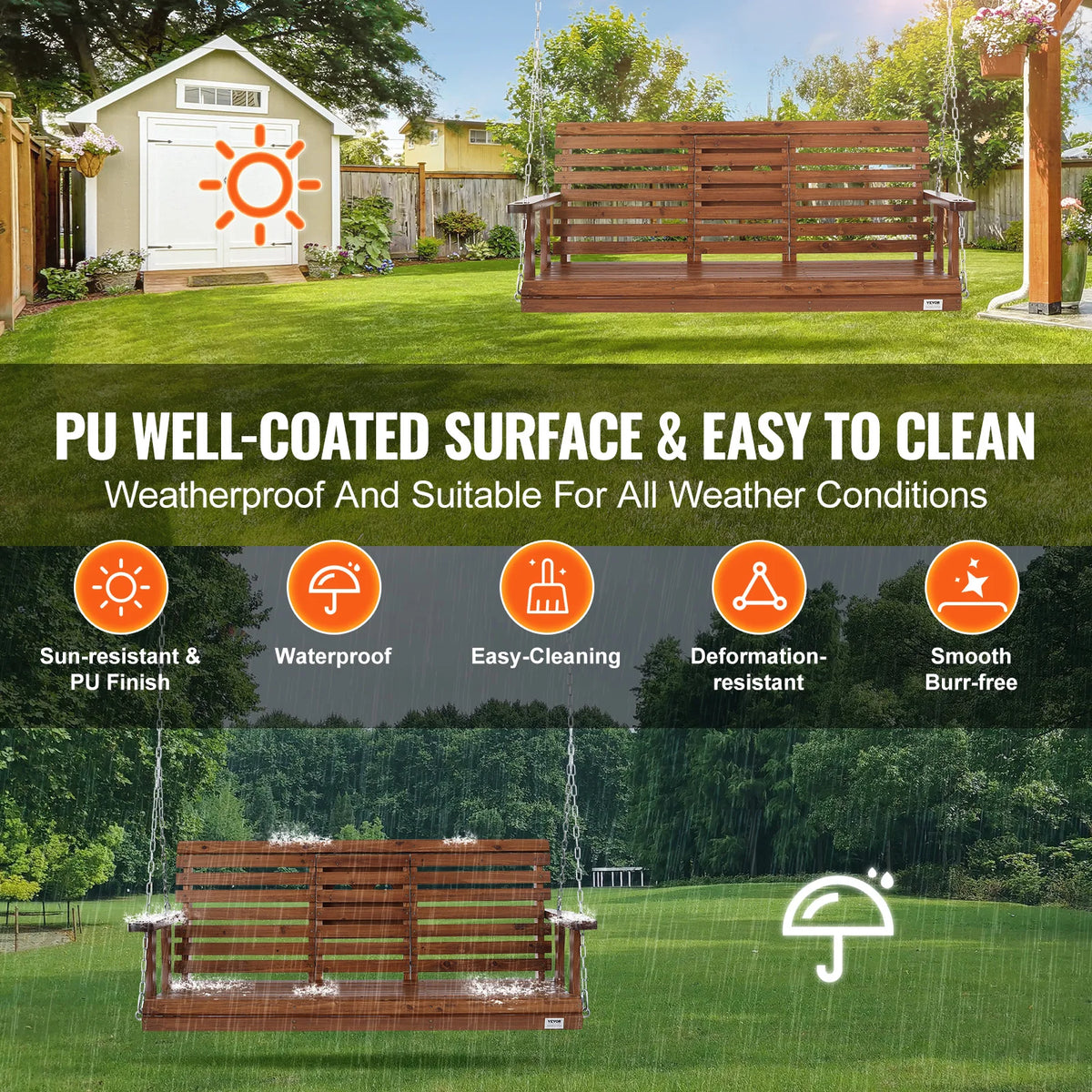 SucceBuy Outdoor Cedar Porch Swing Bench With 880 Pound Capacity