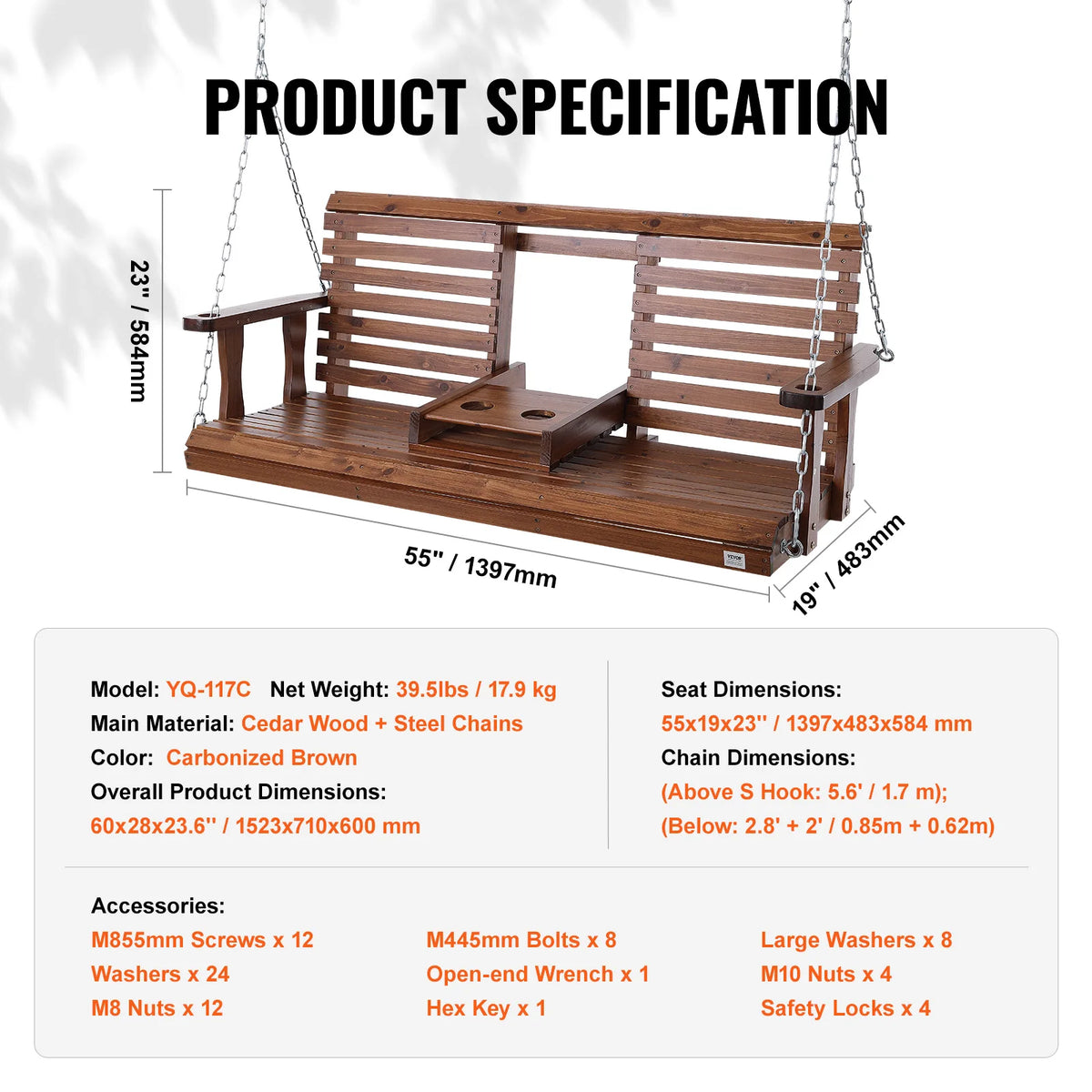 SucceBuy Outdoor Cedar Porch Swing Bench With 880 Pound Capacity
