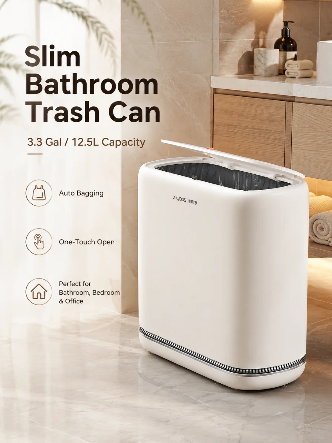 Joybos Slim Automatic Trash Can With One Press Lid for Bathroom