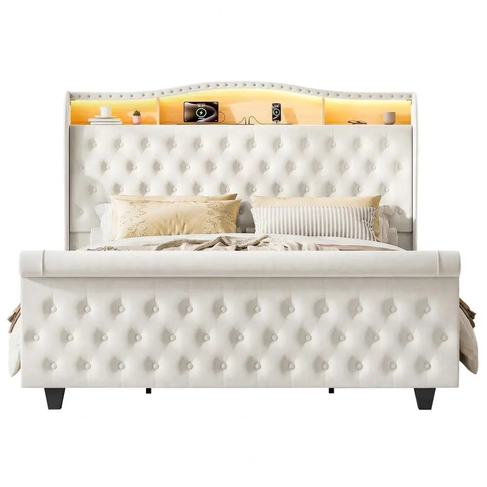 Velvet Upholstered Bed Frame With LED Lights Charging And Storage