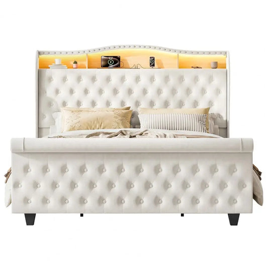 Velvet Upholstered Bed Frame With LED Lights Charging And Storage