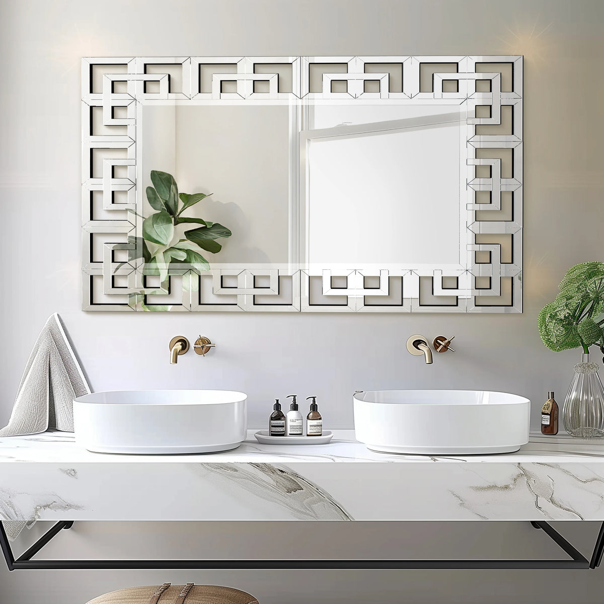 Rectangle Venetian Art Mirror With Beveled Glass Wall Accent