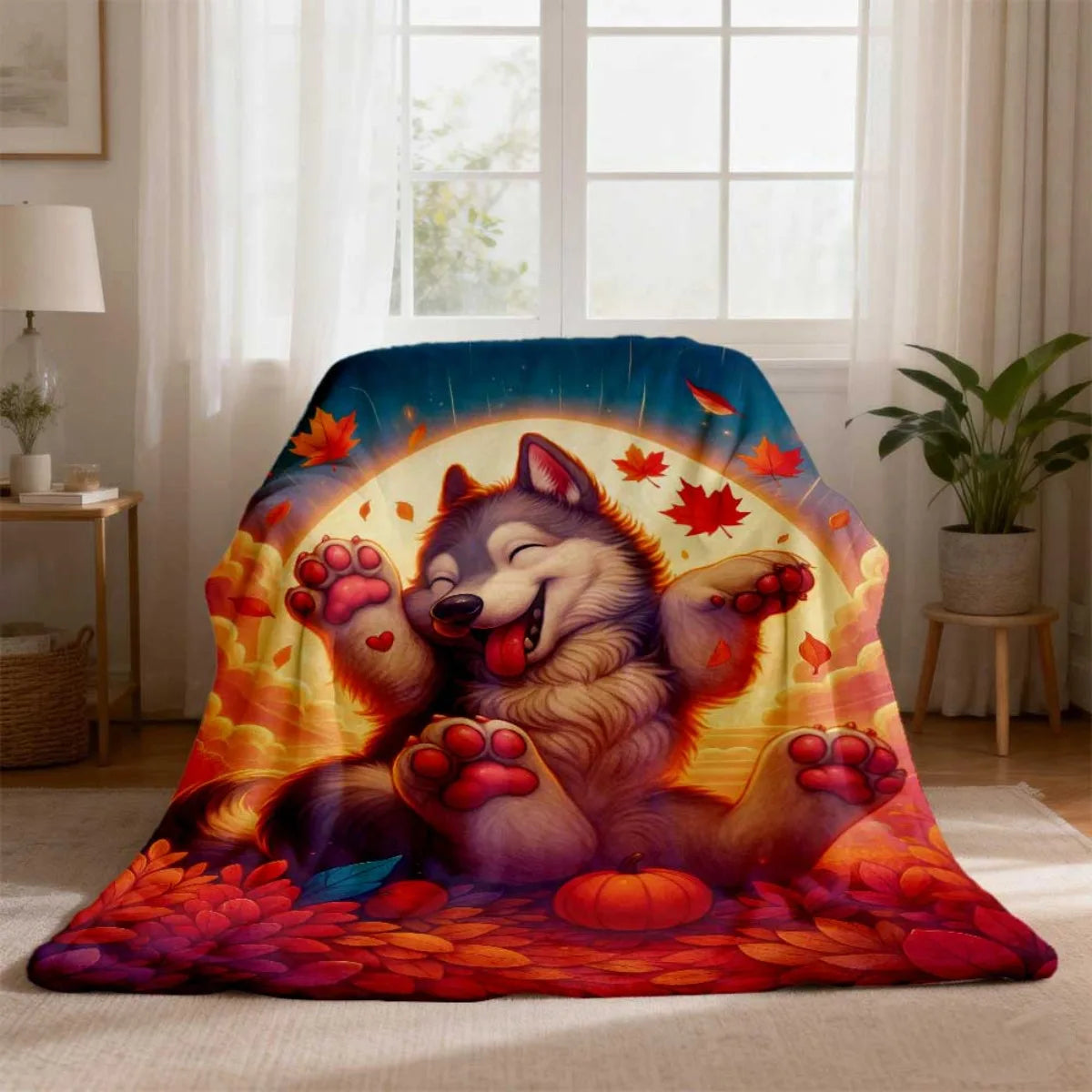 Husky Autumn Leaves Flannel Throw Blanket Soft Pet Print