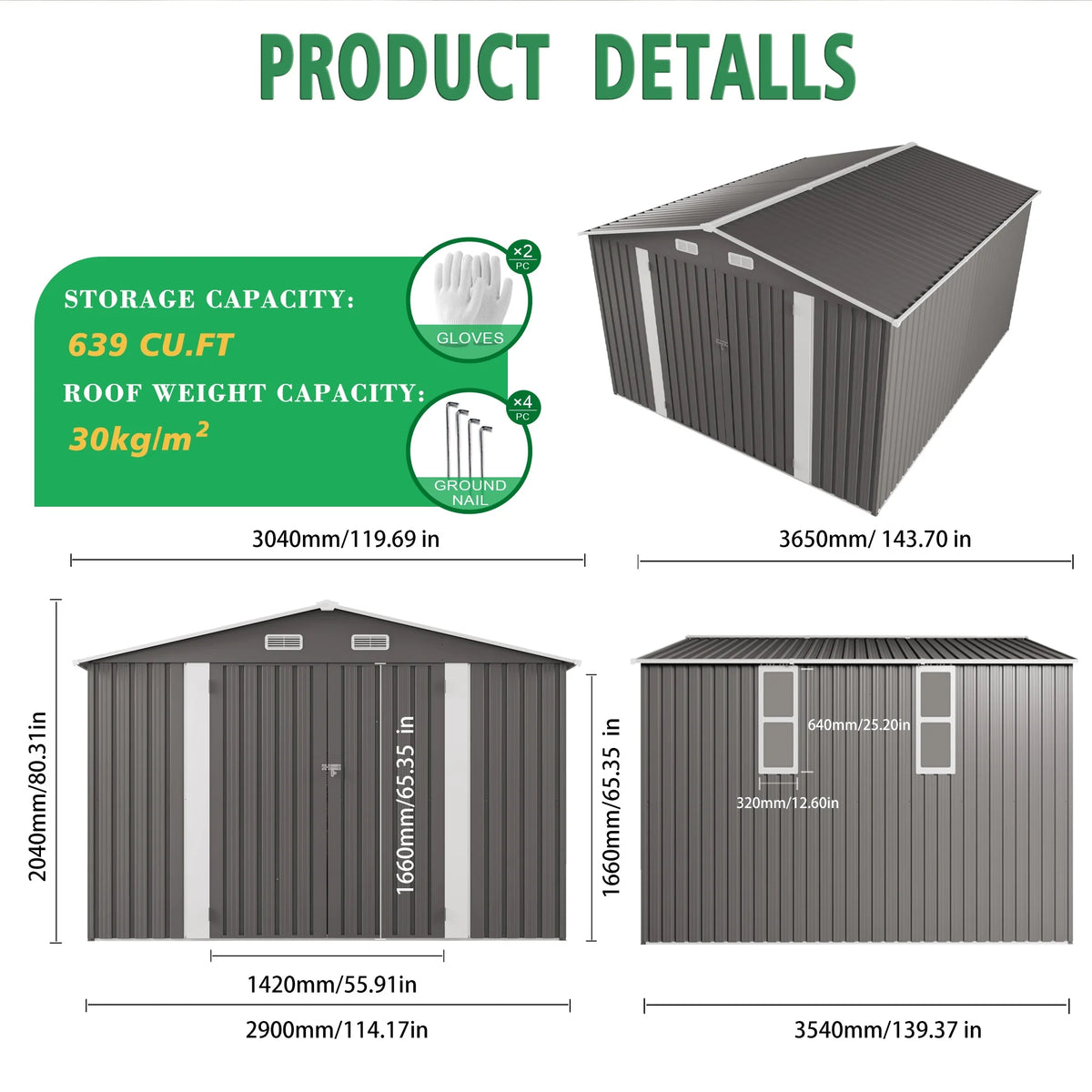 SUSUA Metal Outdoor Storage Shed With Double Doors And Windows