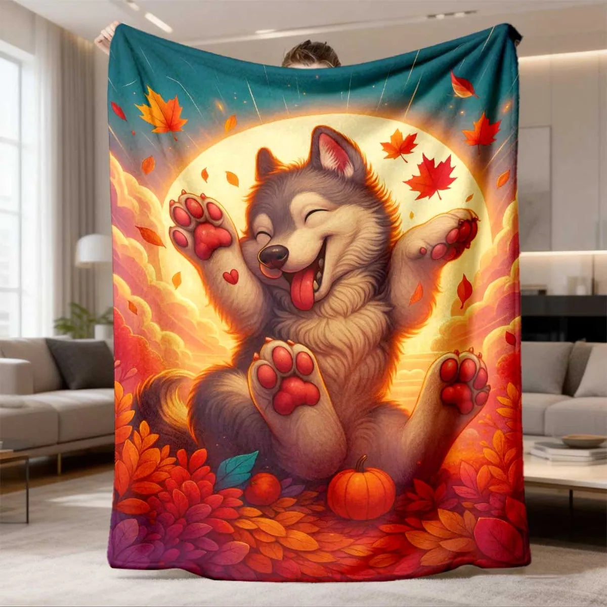 Husky Autumn Leaves Flannel Throw Blanket Soft Pet Print