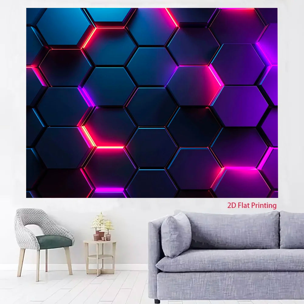 Neon Hexagon Geometric Wall Tapestry Futuristic Gaming Room Decor