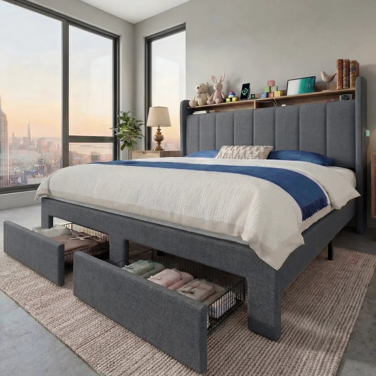 HOOMIC Storage Bed Frame With LED Lights And Charging Station