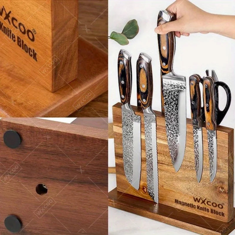 WXCOO Double Sided Wooden Magnetic Knife Holder Rack Organizer