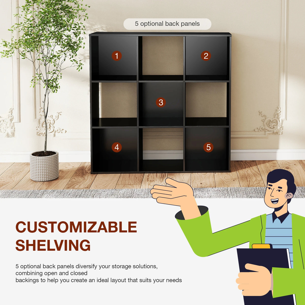 JHK Wooden Storage Organizer Bookcase for Home and Office