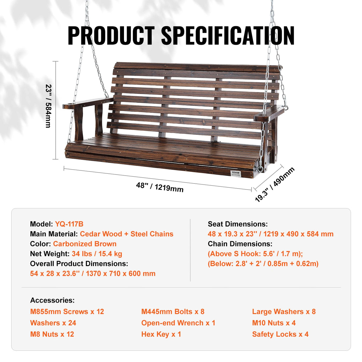 SucceBuy Outdoor Cedar Porch Swing Bench With 880 Pound Capacity