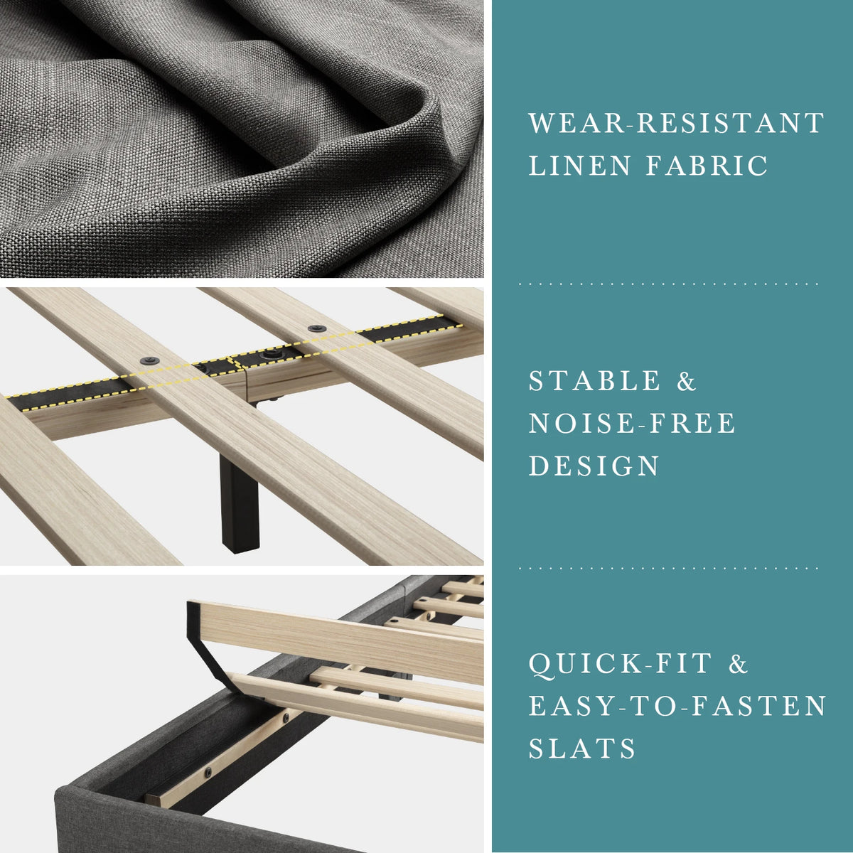 HOOMIC Upholstered Bed Frame With Adjustable Linen Headboard Wood Slats