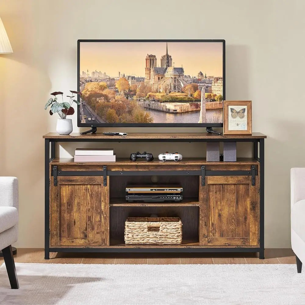 Farmhouse TV Stand With Storage And Sliding Barn Doors