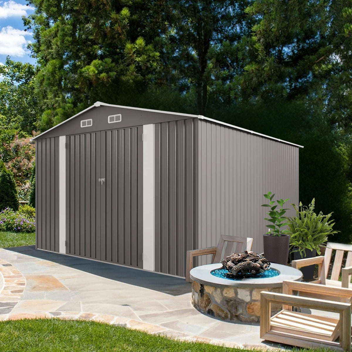 SUSUA Metal Outdoor Storage Shed With Double Doors And Windows