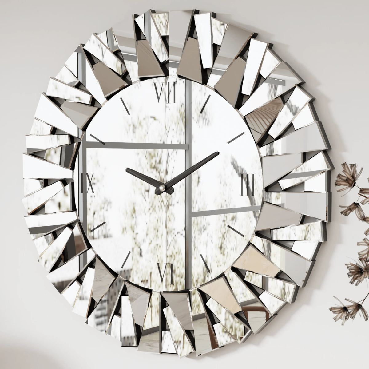 3D Mirrored Sunburst Wall Clock With Roman Numeral Design