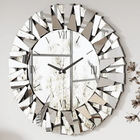 3D Mirrored Sunburst Wall Clock With Roman Numeral Design