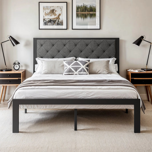 HOOMIC Metal Bed Frame With Upholstered Headboard And Sturdy Support