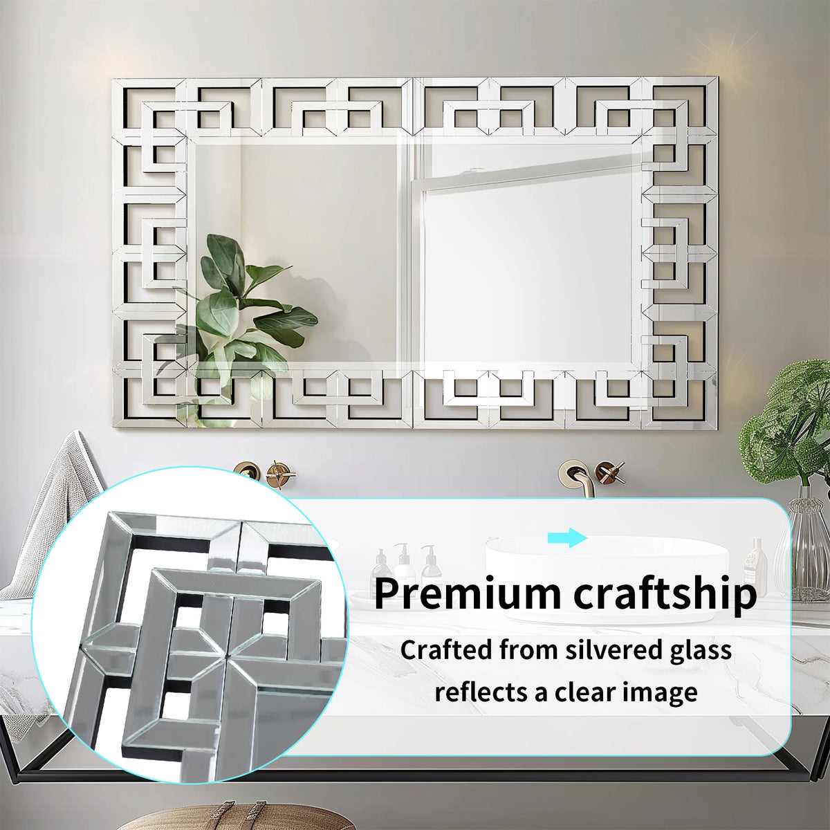 Rectangle Venetian Art Mirror With Beveled Glass Wall Accent
