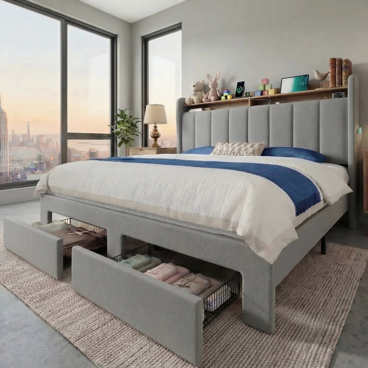 HOOMIC Storage Bed Frame With LED Lights And Charging Station