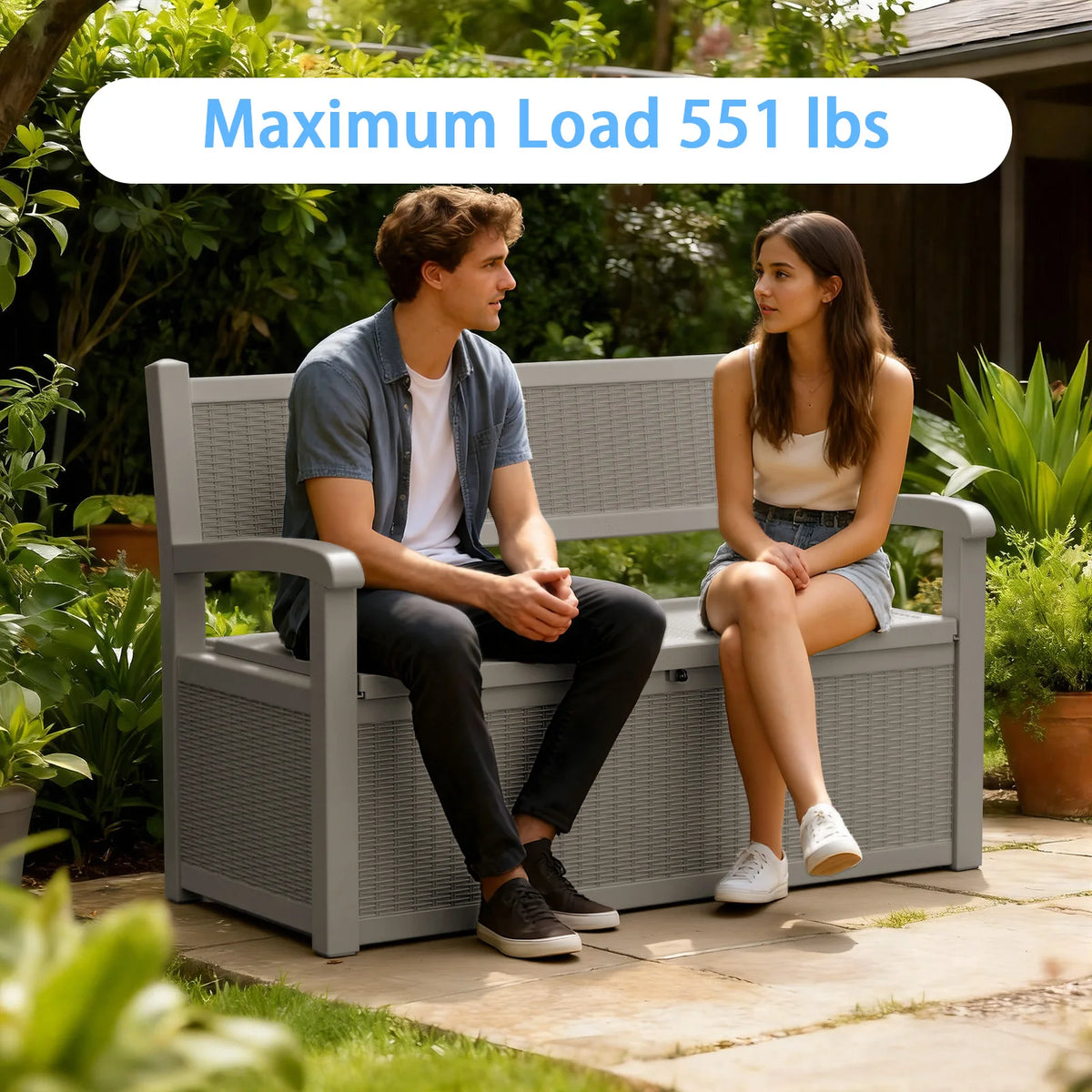 Outdoor Rattan Look Storage Bench with Weatherproof Resin Patio Design