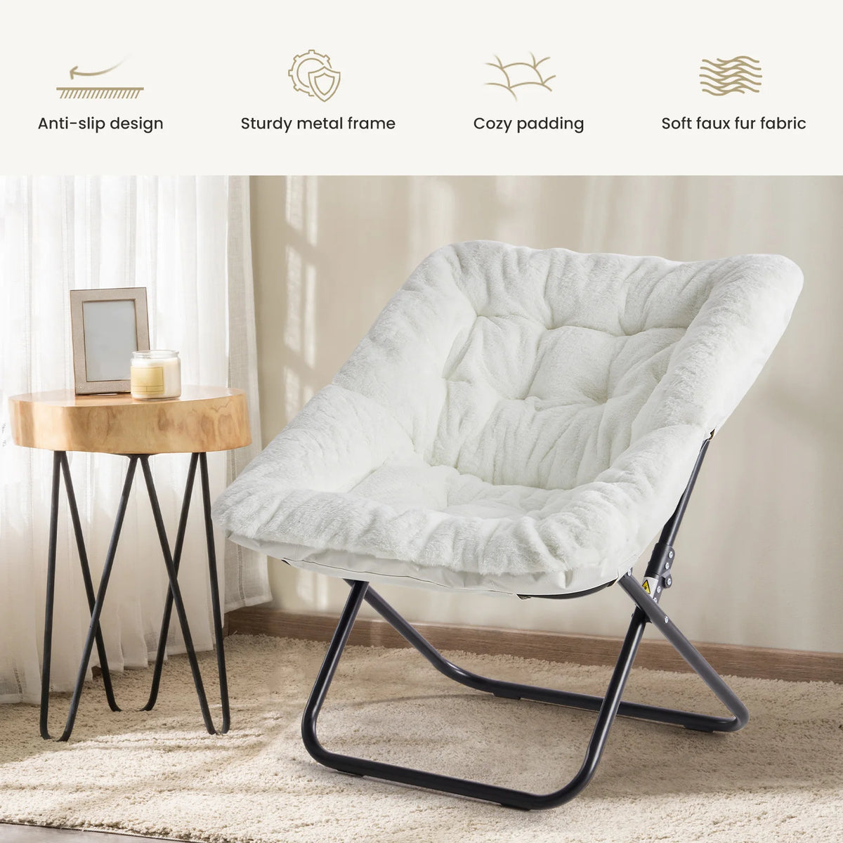 JHK Faux Fur Folding Lounge Chair With Soft Padded Seat