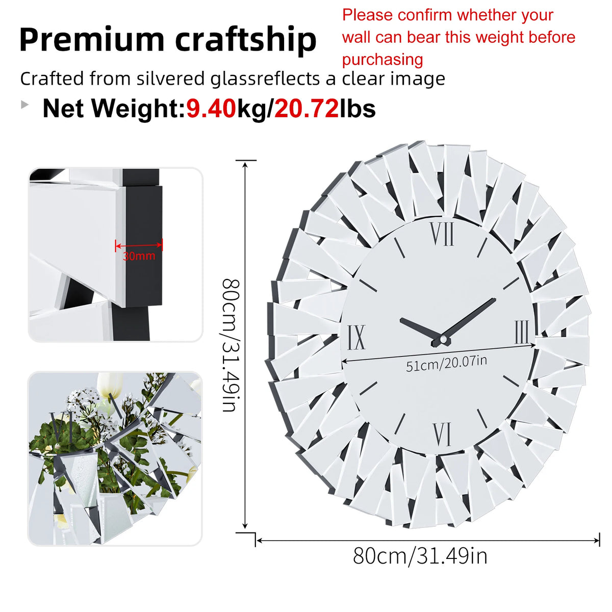 3D Mirrored Sunburst Wall Clock With Roman Numeral Design